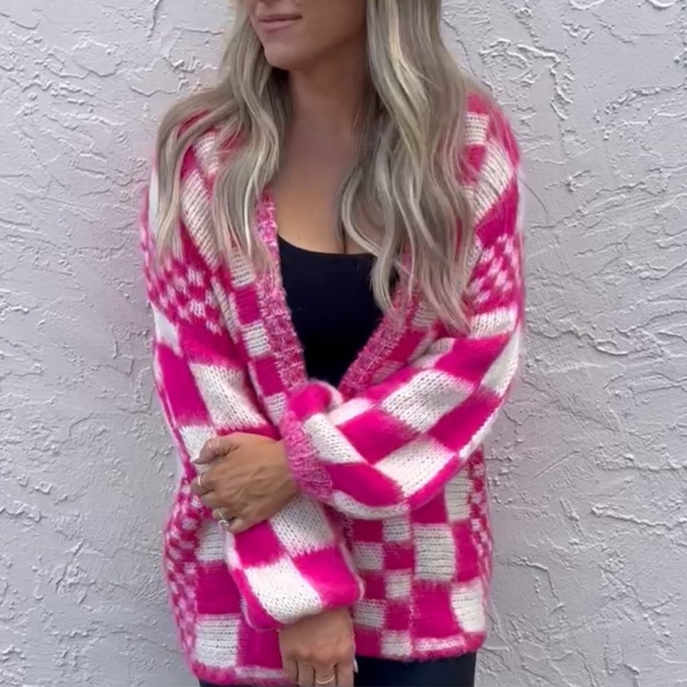 Pink Lily x Krista Horton Pink Checkered Cardigan